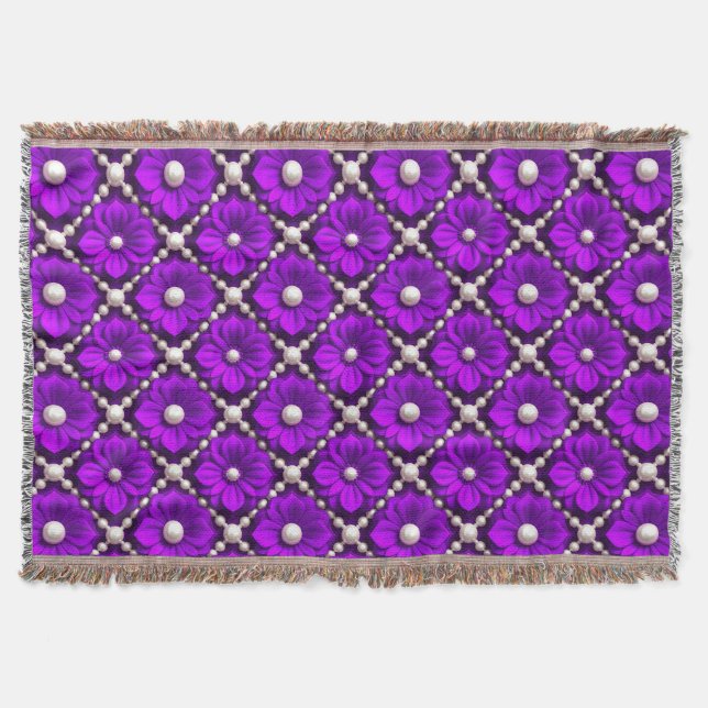 Purple Flower Pattern With Pearl Beads Throw Blanket (Front)