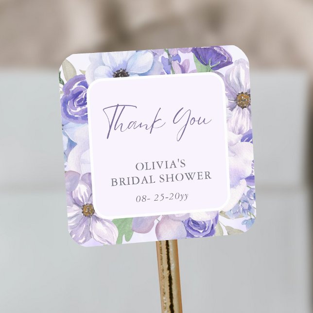 Purple Flower Script Bridal Shower Thank You Square Sticker (Purple Flower Script Bridal Shower Thank You Square Sticker)