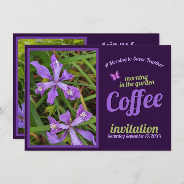Purple Flower Sip Celebrate Coffee Morning Garden Invitation (Front/Back)