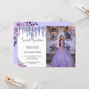 Purple flower sweet sixteen birthday with photo invitation