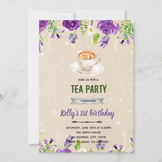 Purple flower tea party Invitation (Front)