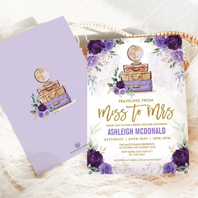 Purple Flower Travel Bridal Shower Miss to Mrs Invitation (Creator Uploaded)