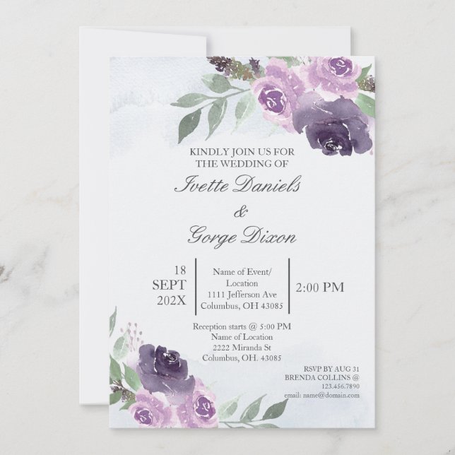Purple flower wedding invitation  (Front)