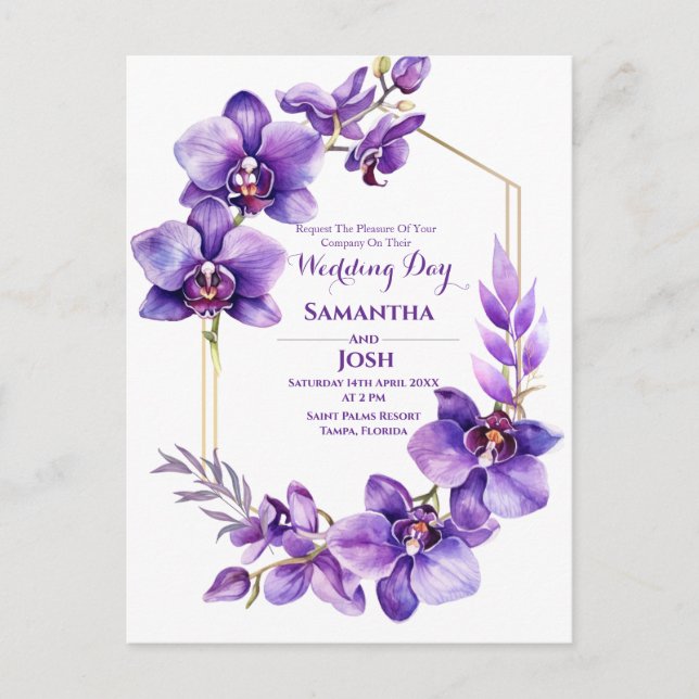 Purple Flower Wedding Invitation Postcard (Front)