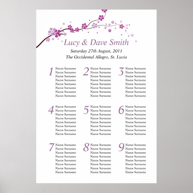 Purple Flower Wedding Table Seating Plan Poster (Front)