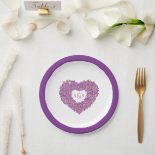 Purple flower wedding tulip heart bouquet monogram paper plate