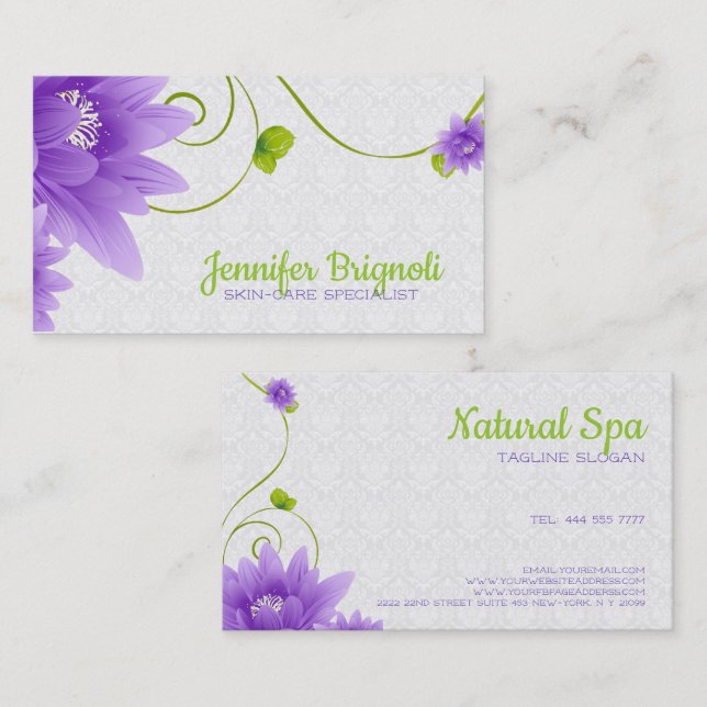Purple Flower White Damask Business Card (Front/Back)