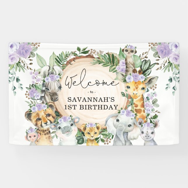 Purple Flower Wild Safari Animals Birthday Welcome Banner (Horizontal)