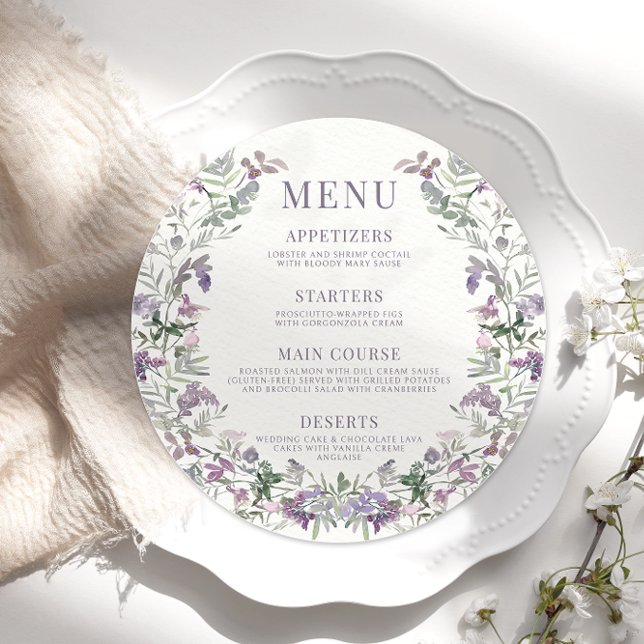 Purple flower wreath round wedding Menu Card Plate (Creator Uploaded)