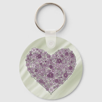 Purple flowered heart round keychain