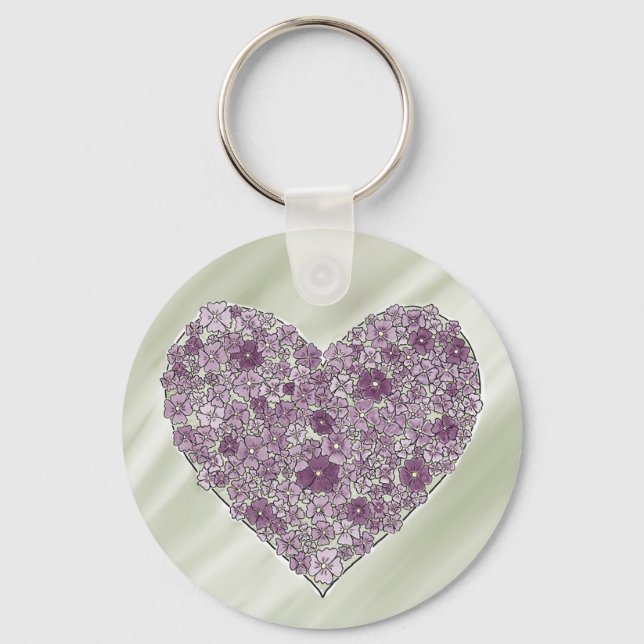 Purple flowered heart round keychain (Front)