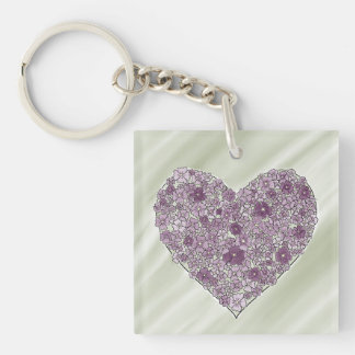 Purple flowered heart round keychain