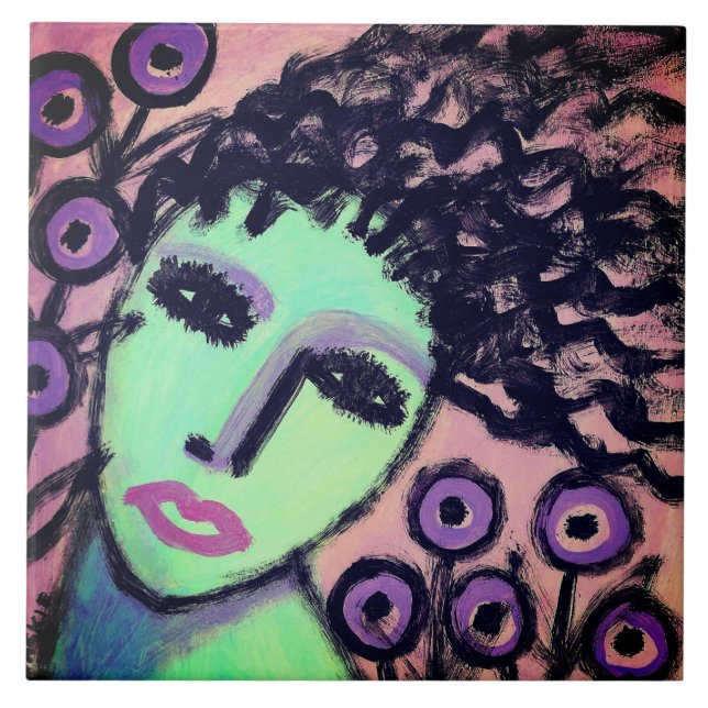 Purple Flowers Abstract Portrait of a Woman Ceramic Tile (Front)