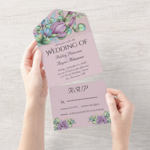 Purple Flowers  All In One Wedding Invitation