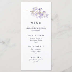 Purple Flowers and Branch Watercolor Wedding Menu