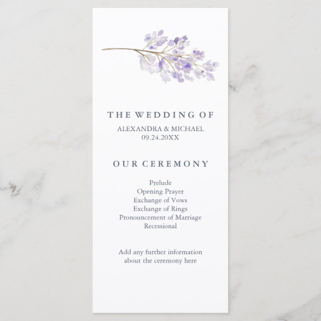 Purple Flowers and Branch Wedding Program (Front)