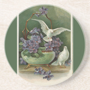 Purple Flowers and Doves Green Sandstone Coaster