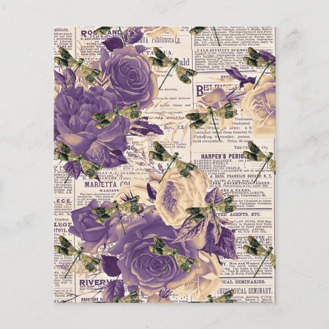 Purple flowers and dragonflies on newsprint (Front)