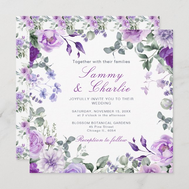 Purple Flowers and Eucalyptus Leaves Wedding Invitation (Front/Back)