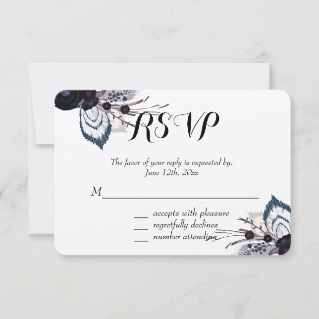 Purple Flowers and Feathers RSVP Card (Front)