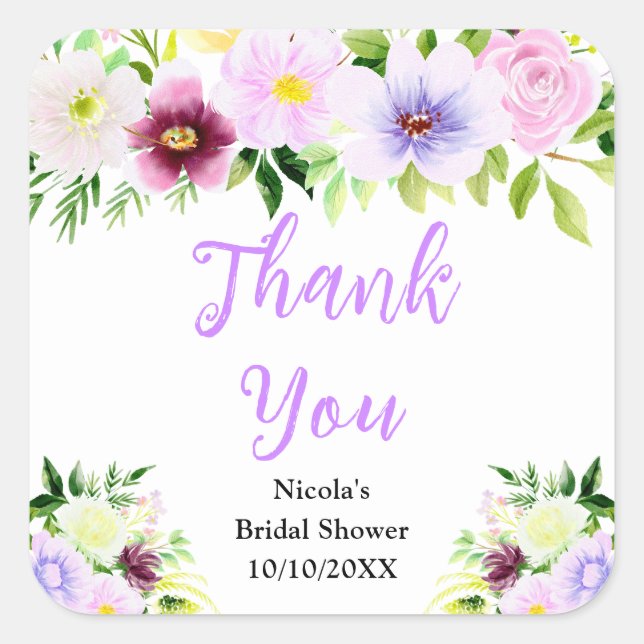 Purple Flowers and Foliage Bridal Shower Thank You Square Sticker (Front)