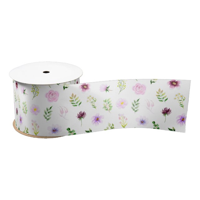 Purple Flowers and Foliage Pattern Satin Ribbon (Spool)