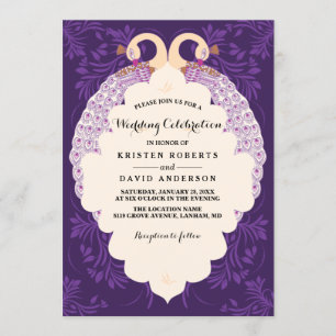 Purple flowers and frame with peacock wedding invitation