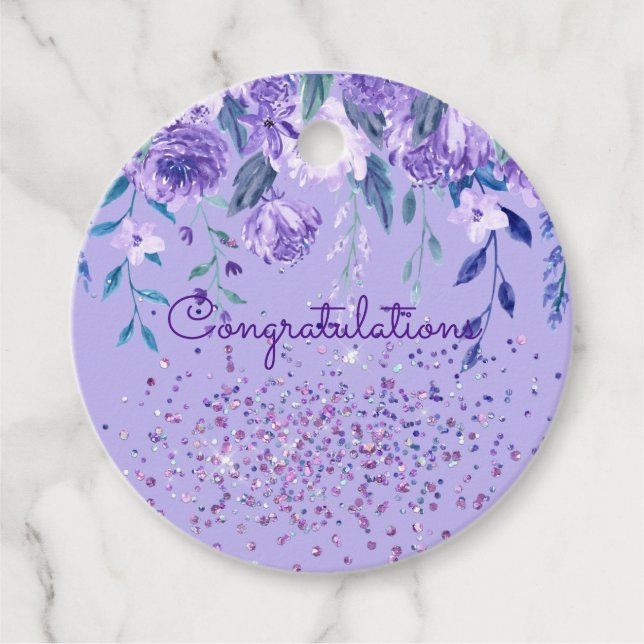 Purple Flowers and Glitter Round Gift Tag (Front)