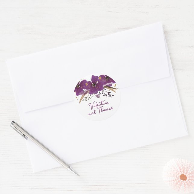 Purple Flowers and Gold Glitter  Classic Round Sticker (Envelope)