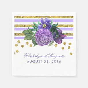Purple Flowers and Gold Glitter Wedding Napkin