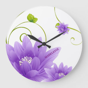 Purple Flowers And Green Leaves Large Clock