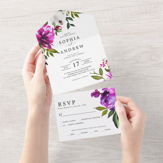 Purple Flowers and Greenery Leaves Wedding All In One Invitation (Tearaway)