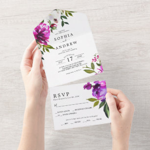 Purple Flowers and Greenery Leaves Wedding All In One Invitation