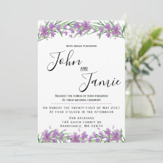 Purple flowers and greenery wedding invitation 