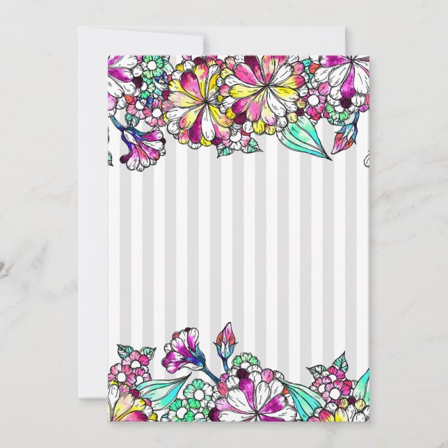 Purple flowers and grey stripes thank you card (Front)