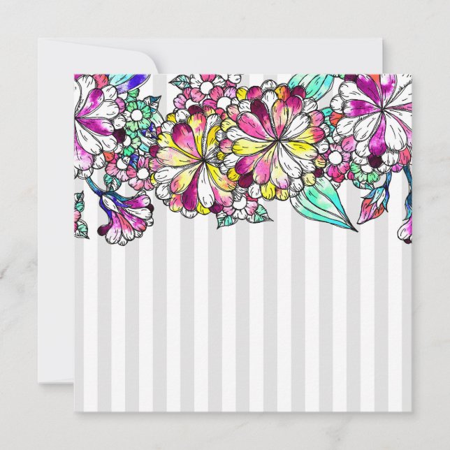 Purple flowers and grey stripes thank you card (Front)