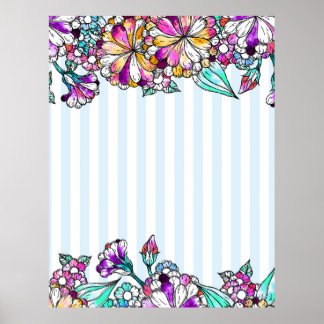 Purple flowers and light blue stripes poster