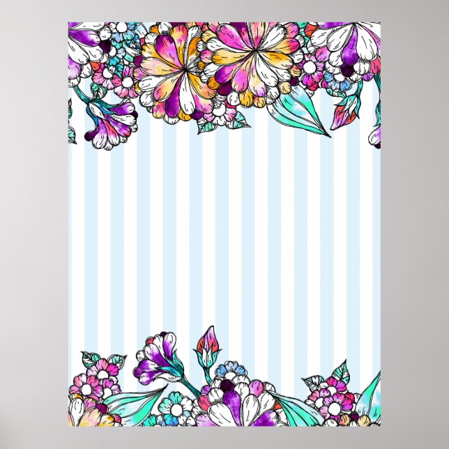 Purple flowers and light blue stripes poster (Front)