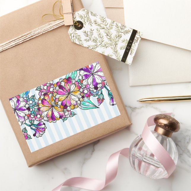 Purple flowers and light blue stripes rectangular sticker (Gifting)