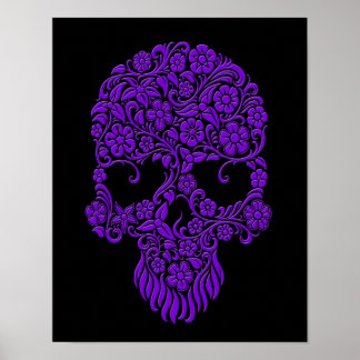 Purple Flowers and Vines Skull Design on Black Poster