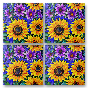Purple Flowers and Yellow Sunflowers Floral Ceramic Tile