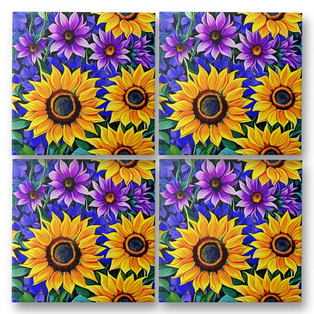 Purple Flowers and Yellow Sunflowers Floral Ceramic Tile (Creator Uploaded)