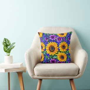 Purple Flowers and Yellow Sunflowers Floral Cushion