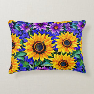Purple Flowers and Yellow Sunflowers Floral Decorative Cushion