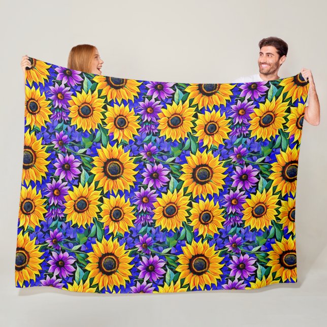Purple Flowers and Yellow Sunflowers Floral Fleece Blanket (In Situ)