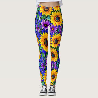 Purple Flowers and Yellow Sunflowers Floral Leggings