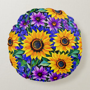 Purple Flowers and Yellow Sunflowers Floral Round Cushion