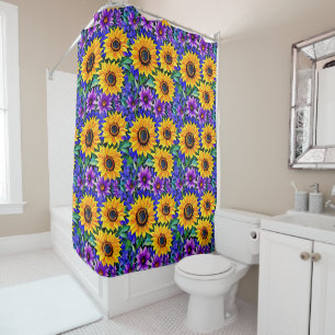 Purple Flowers and Yellow Sunflowers Floral Shower Curtain