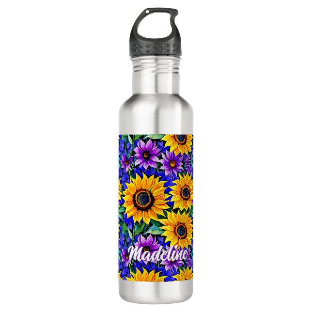 Purple Flowers and Yellow Sunflowers Personalised 710 Ml Water Bottle (Front)