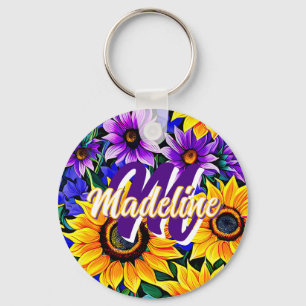 Purple Flowers and Yellow Sunflowers Personalised Key Ring